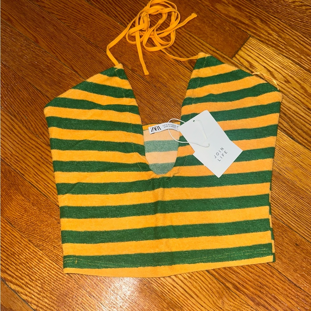NWT Zara Striped Green and Orange Halter Top